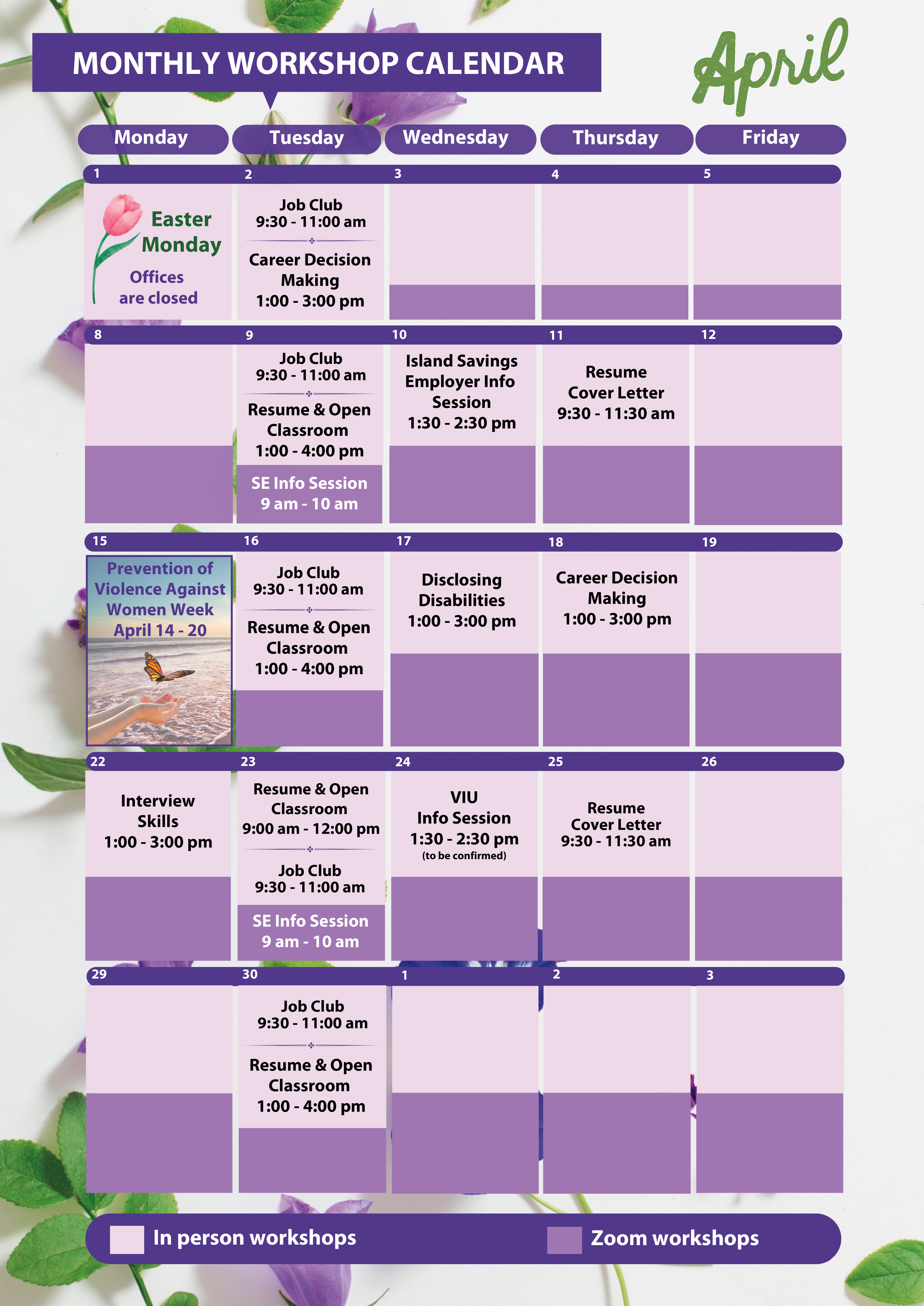 Calendar for workshops in January